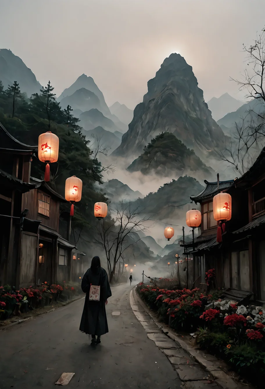 score_9,score_8_up,score_7_up,8k,,ruanyi0697,paper lantern,fog,mountain,dark,horror theme,no humans,flower,<lora:0697 Huangquan Road_v1_pony:1>