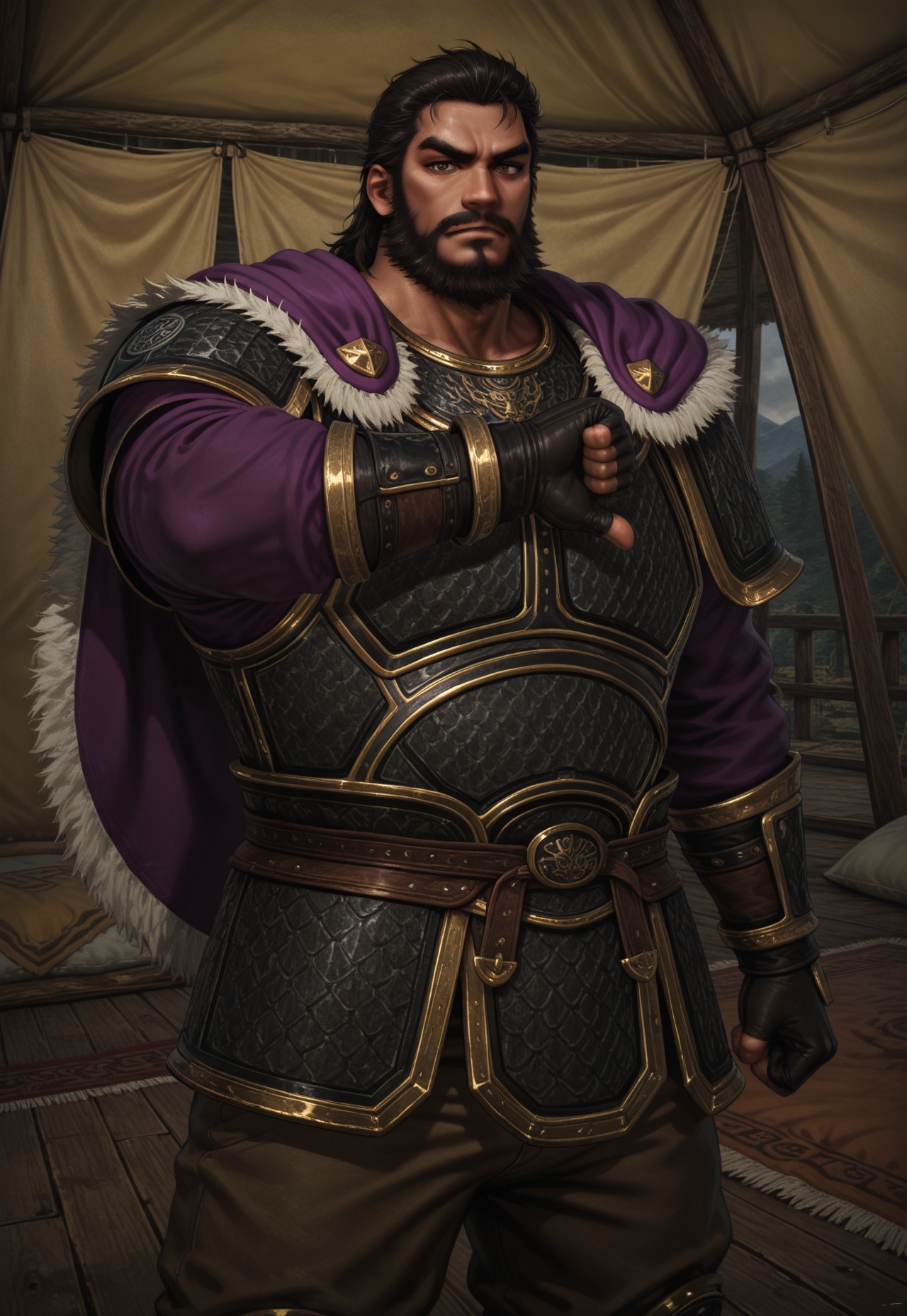 masterpiece, best quality, amazing quality, very aesthetic, absurdres, newest, dongZhou, 1boy, solo, facial hair, beard, mustache, fat, muscular, bara, armor, intimidating, feet out of frame, thumbs down, looking at viewer, indoors, tent
