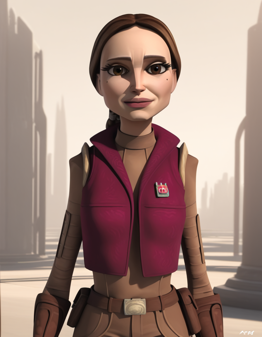 score_9, score_8_up, score_7_up, source_anime,
<lora:clonewars-padme-amidala-s3-ponyxl-lora-nochekaiser:1>, padme amidala, brown hair, brown eyes, realistic, mole, mole under eye, long hair, lips, 3d,
low-tied ponytail, braided ponytail, gloves, shirt, brown shirt, long sleeves, belt, pants, vest, pink vest, brown pants, open vest,
outdoors, smile,
looking at viewer, cowboy shot, dutch angle, solo,