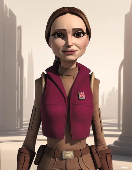 score_9, score_8_up, score_7_up, source_anime,
<lora:clonewars-padme-amidala-s3-ponyxl-lora-nochekaiser:1>, padme amidala, brown hair, brown eyes, realistic, mole, mole under eye, long hair, lips, 3d,
low-tied ponytail, braided ponytail, gloves, shirt, brown shirt, long sleeves, belt, pants, vest, pink vest, brown pants, open vest,
outdoors, smile,
looking at viewer, cowboy shot, dutch angle, solo,
