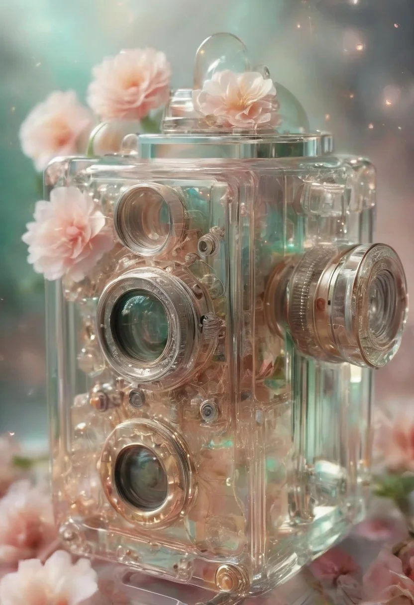 fanciful, translucent vintage camera with metallic copper and silver details, filled with an array of soft pastel flowers including hues of pink and white and green inside it, floating golden sparkles, magical touch to the composition, translucent, transparent, tranzp