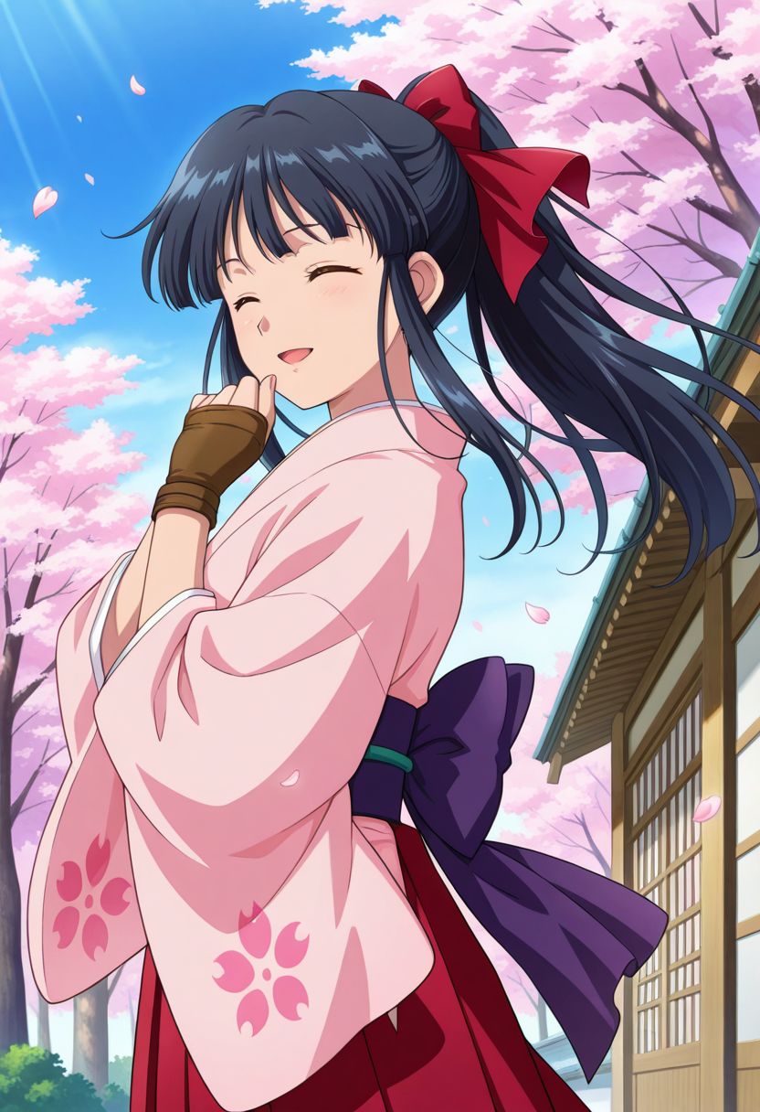 detailed eyes, beautiful, detailed background, perfect eyes,
source_anime, very aesthetic, anime coloring, masterpiece, official art,
<lora:HandFineTuning_XL:1>
BREAK,
sakura tree, japanese village, sakura petals, windy, floating hair,
cowboy shot, dynamic angle,
from side, eyes closed, hand on mouth, light smile, open mouth,
BREAK,
<lora:shinguji_illustrious_v01:0.9>
sakuraBase, black hair, hair ribbon, red ribbon, brown hair, ponytail, red bow, sidelocks, bangs,  
meiji schoolgirl uniform, japanese clothes, red hakama,  floral print sleeves, floral print kimono,  purple sash, fingerless gloves, green obijime,