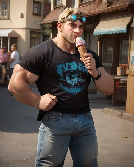 1man, male, damon_baird, goggles, t-shirt, open jacket, jeans, (standing, outdoor, town, eating ice cream, holding ice cream), blonde hair, goggles on head, looking at viewer, muscular, blue eyes, beard <lora:Damon_Baird_PonyXL-13_Test:0.9>, score_9, score_8_up, score_7_up,