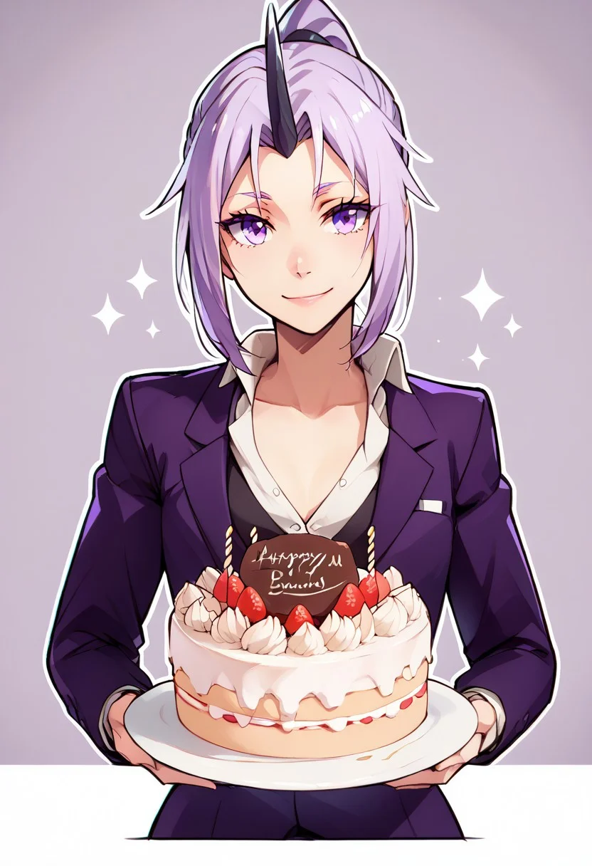 score_9, score_8_up, score_8, medium breasts, (curvy), cute, eyelashes,
zzHoldingCake,
BREAK,
Shion, purple suit,
BREAK,
smile, looking at viewer,
abstract background, white outline,
zPDXL, Expressiveh