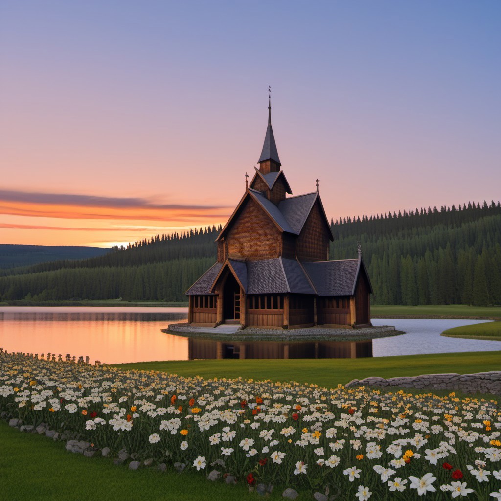 Norwegian stave church, stave church, evening, sunset, flowers, very long hair, Norwegian nature , norwegian landscape, lake, forest, flowers, beautiful sky