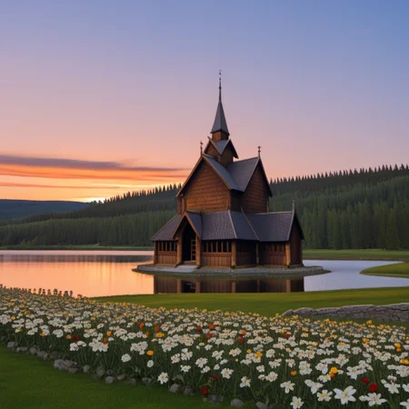 Norwegian stave church, stave church, evening, sunset, flowers, very long hair, Norwegian nature , norwegian landscape, lake, forest, flowers, beautiful sky