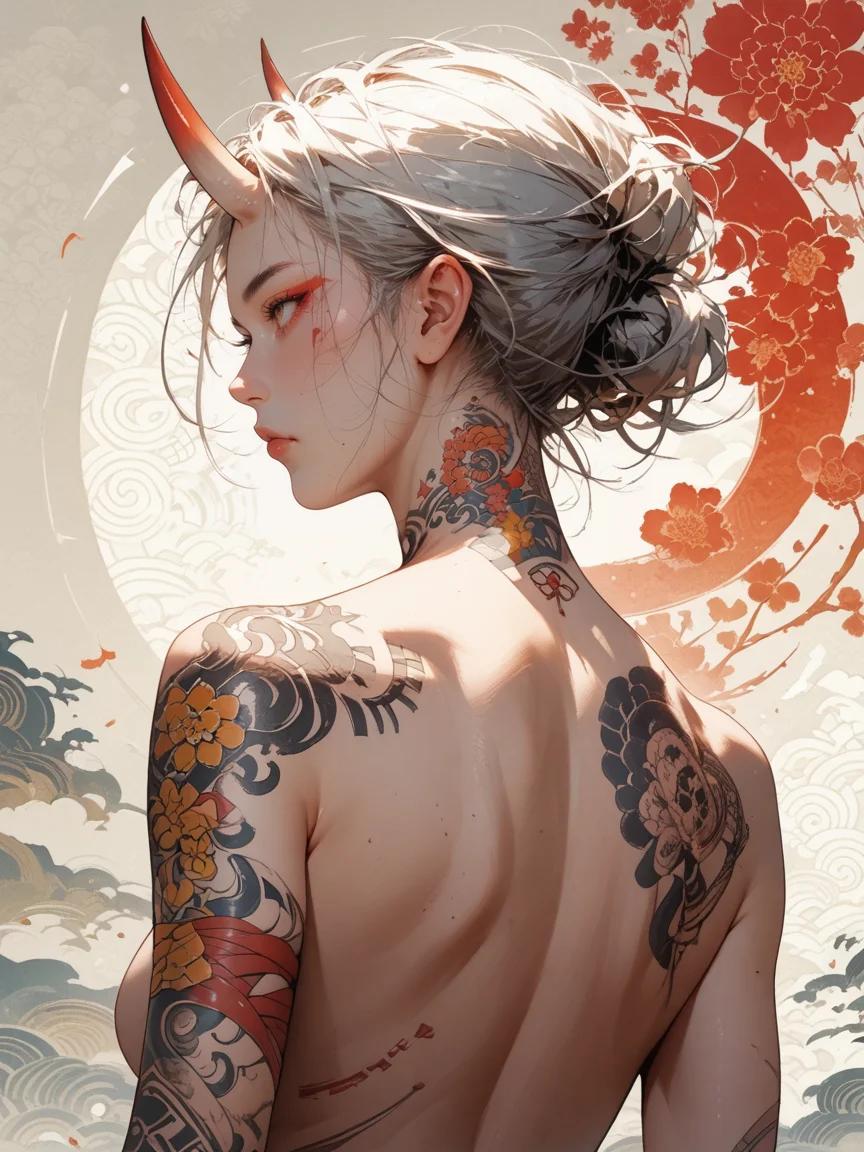 score_9, score_8_up, score_7_up,
masterpiece, best_quality, (2.8d).
1 girl, 20 years old, oni horns,
looking away, expressionless.
completely nude,
(large Japanese-style tattoo on full back, Oni-Japanese Ogre tattoo on full back:1), a tattoo depicting an ogre.
(simple japanese style pattern background).
clear color grading, orange and white theme, adaptation of color design rules.
shoot from behind, dynamic angle, upper body shot.
<lora:Style-Hyper-SDXL-12steps-CFG-lora:0.5>
<lora:add_brightness_XL:0.6>
<lora:add_contrast_XL:-0.1>
<lora:add_outline_XL:0.>
<lora:add_saturation_XL:0.1>
<lora:Sinozick_Style_XL_Pony:0.4> sinozick style,
<lora:Fant5yP0ny:0.5>