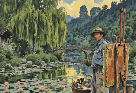Claude Monet, the renowned Impressionist artist, standing stoically in his Giverny garden in 1914. His eyes are steely with determination as the distant rumble of artillery pierces the tranquil air. He is surrounded by a riot of colorful flowers: vibrant lilies float atop the pond's serene surface, their reflections shimmering under the soft light of a setting sun, while a canopy of green willows arch gracefully over the water's edge. The iconic Japanese bridge stretches across the water, connecting the lush banks. The painter himself is in the foreground, dressed in his signature straw hat and blue smock, palette in hand, brushes resting against a wooden easel that holds a canvas partially obscured by his body. The colors on the palette mirror the hues of the garden, suggesting his deep connection to the natural world. Despite the looming shadow of war, the vividness of Monet's surroundings stands as a testament to his unyielding resolve to continue his artistic endeavors amidst the chaos. The scene is suffused with a poignant silence, a stark contrast to the cacophony of battle that echoes in the distance, serving as a symbol of beauty's steadfastness in the face of destruction. The composition is framed by the darkened sky, hinting at the impending nightfall that metaphorically reflects the tumultuous times, yet it is pierced by a sliver of golden light, a beacon of hope that persists over the horizon of his beloved sanctuary.