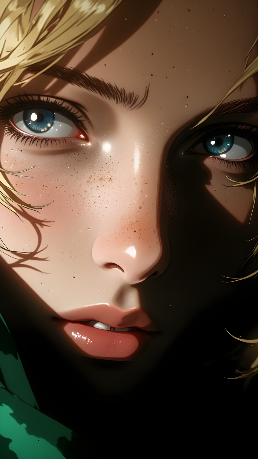 A close-up portrait that captures an intimate and striking moment. The subject's face is illuminated by soft, natural light that highlights the contours of her features with precision. Her eyes are the focal point, their vibrant blue irises gleaming with intensity, as though she is deeply engaged in thought or observation. The lighting accentuates the texture of her skin, revealing subtle details like freckles and fine lines, adding to the realism and depth of the image.
Her hair falls loosely around her face, some strands gently framing her cheeks and forehead, suggesting movement or perhaps a breeze. The background is dark, creating a stark contrast that draws all attention to her visage. A hint of green fabric peeks into the frame, adding a touch of color and texture to the composition.
Her expression is calm yet resolute, her lips slightly parted as if she is about to speak or has just finished doing so. The interplay between the soft illumination on her face and the deep shadows creates a dynamic tension, making the image feel both intimate and mysterious. It is a moment frozen in time, where every detailâfrom the intensity of her gaze to the subtle play of lightâinvites the viewer to explore the nuances of her presence.
j_art, anime, anime art, <lora:FLUX\jul\J_Anime:0.7>, <lora:FLUX\RealAnime:0.7>