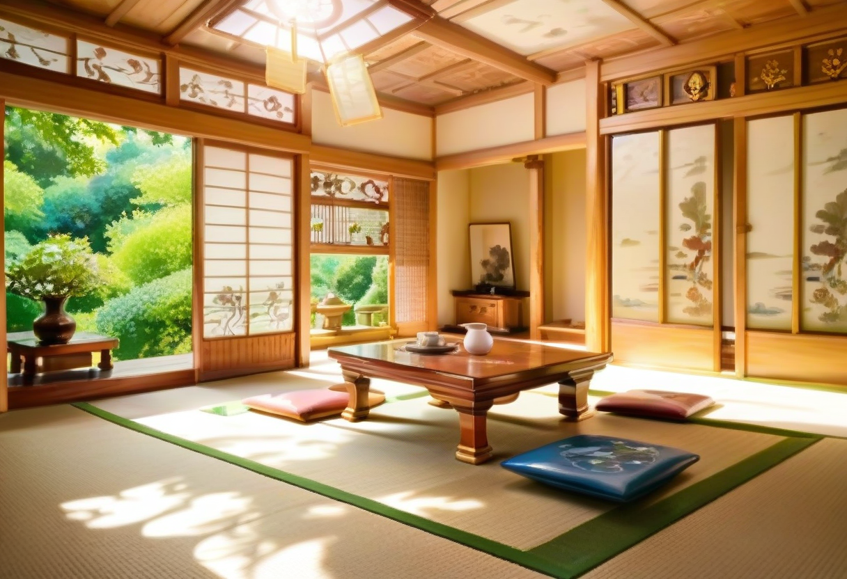 score_9, score_8_up, score_7_up, rating_safe, masterpiece, best quality, absurdres, unity 8k wallpaper, official art, official style, source_anime, uncensored, game cg, megami magazine,
washitsu, table, scenery, indoors, tatami, tree, sliding doors, vase, cup, architecture, book, painting (object), cushion, sunlight, plate, 
 <lora:JP_washitsu_PONY_V1:1>
