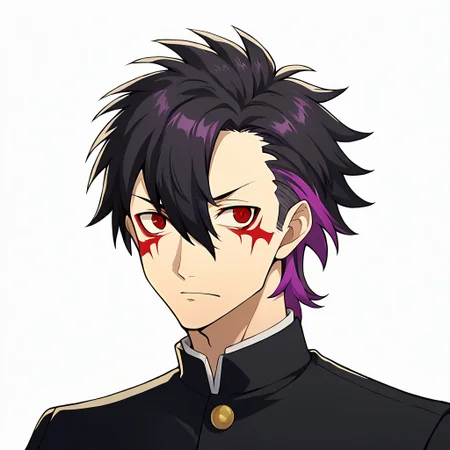 Score_9, score_8_up, score_7_up, source_anime, cowboy shot, masterpiece, best quality, upper body, portrait, (white background), 1boy, ((black hair)), short hair, spiky hair, ((hair straight up)), hair between eyes, sharp top hair, ((slicked hair)), (((red eyes))), demonic eyes, (purple string on bangs:1.2), calm face, two colored hair, (two-tone hair), (streaked hair:1.2), (multicolored hair), ((red eye tattoos)), (purple colored inner hair), <lora:colored inner hair:1>, (purple hair tips), <lora:_sdxl-gakuran-pony:0.8> (((black gakuran)))