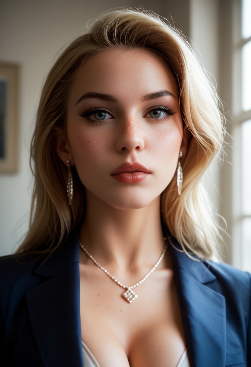 score_9, score_8_up, score_7_up, score_6_up, 1girl playful, mouth slightly open, ((perfecteyes)), (close up shot), ((face shot)), (facial photo), a bright meeting room, blonde hair, long intricate hair, pale skin, freckles, face focus, very large fake breasts, round tits, natural skin, blazer, ((pencil skirt)),necklace, jewelry, earrings, rings, legs crossed, very tall white high heels, low light, seductive, supermodel, gorgeous, depth of field, shadows, dramatic lighting,  candid, perfect eyes, fluorescent lighting, natural light, light particles,