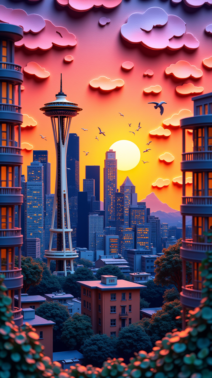 stylized by dan mumford and marc simonetti, Papier-mache figure of a landscape of a The skyline of Seattle is ablaze with oranges, pinks, and purples as the sun sets behind the towering buildings. Seagulls cry in the distance, at Dawn, Cosy, aidmaMJ6.1, aidmaimageupgrader