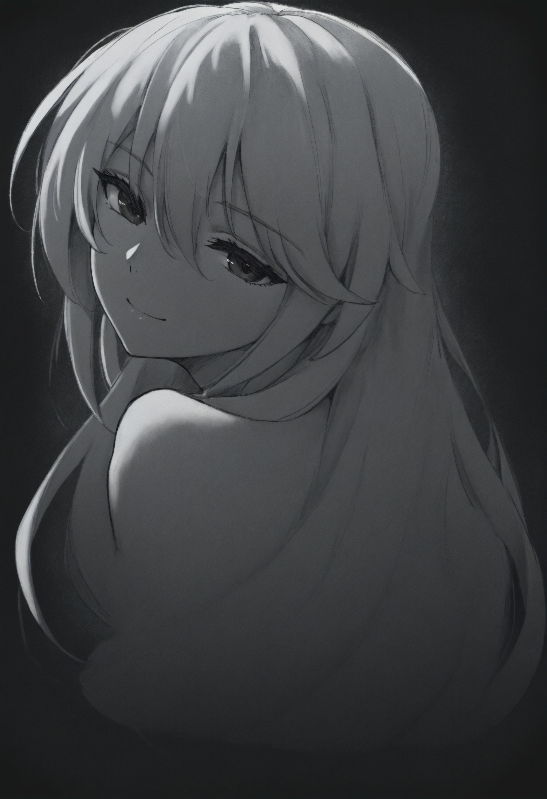 <lora:Char_KazamiKazuki:1>, red eyes, white hair, long hair, hair between eyes, sidelocks,
dark, dark theme, smile, cropped shoulders, head tilt, portrait, looking at viewer, from behind, <lora:SketchArtV2:1>, greyscale, monochrome, sk3tch, hatching/(texture/), very awa, masterpiece, best quality, highres, absurdres