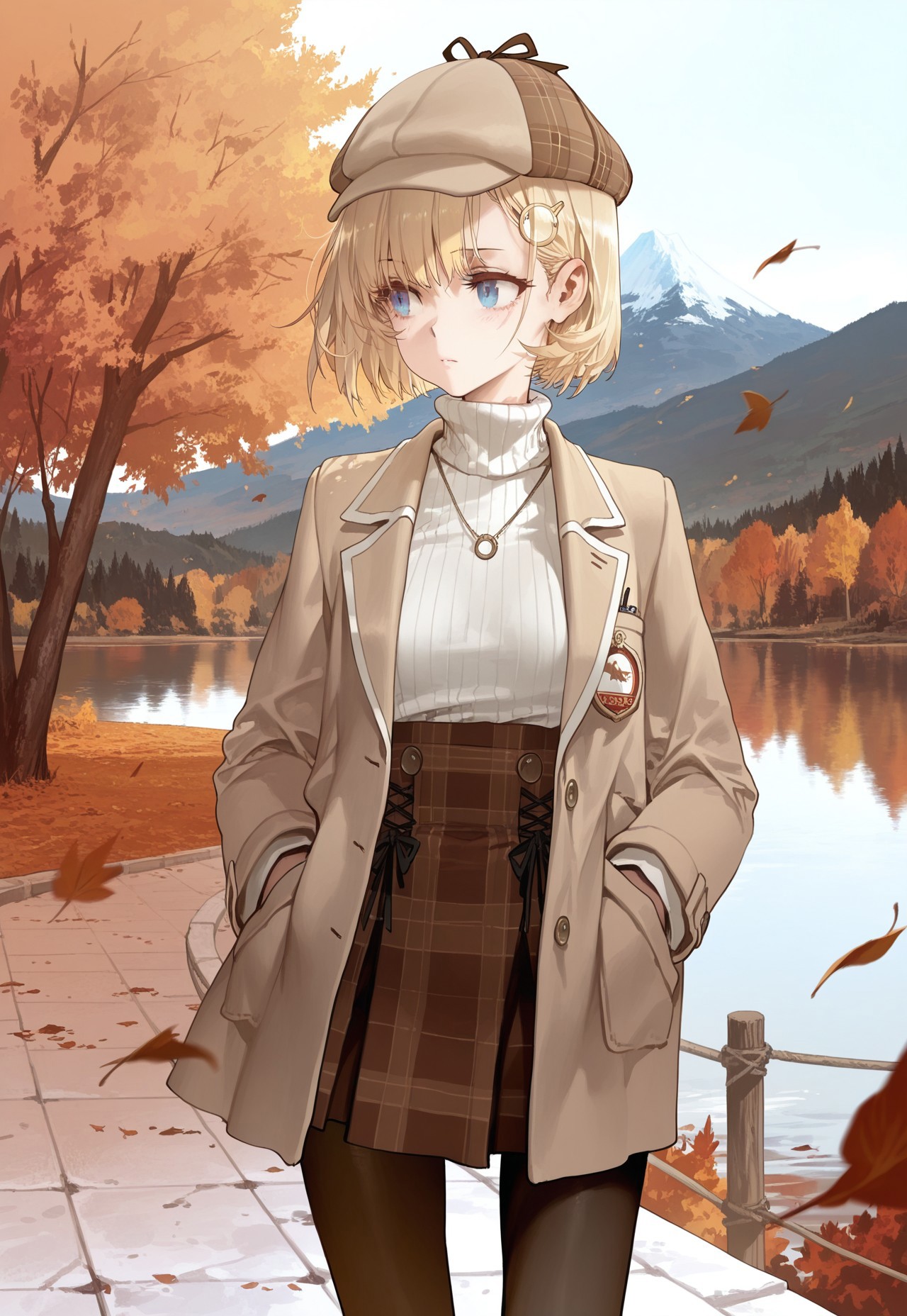 kedama milk,starshadowmagic,rella,dino \(dinoartforame\),modare,as109,rei \(sanbonzakura\),dishwasher1910,
1girl, amelia watson, hololive, short hair, bob cut, blonde hair, blue eyes, looking to the side, detective, wistful expression, beret, blazer, turtleneck, high-waist skirt, pantyhose, hands in pocket, outdoors, autumn, lake, tree, mountain, falling leaves, wind
,masterpiece,best quality,amazing quality,
