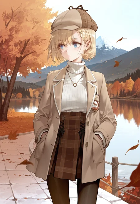 kedama milk,starshadowmagic,rella,dino \(dinoartforame\),modare,as109,rei \(sanbonzakura\),dishwasher1910,
1girl, amelia watson, hololive, short hair, bob cut, blonde hair, blue eyes, looking to the side, detective, wistful expression, beret, blazer, turtleneck, high-waist skirt, pantyhose, hands in pocket, outdoors, autumn, lake, tree, mountain, falling leaves, wind
,masterpiece,best quality,amazing quality,
