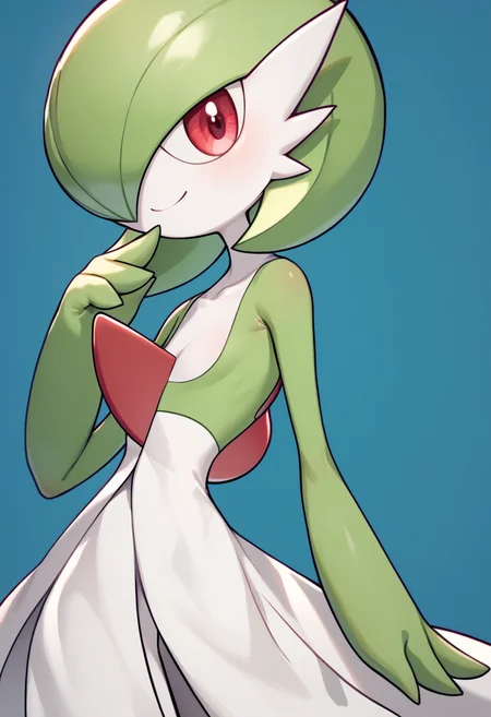 score_9, score_8_up, score_7_up,  <lora:gardevoir:1>ï¼1girl, arm_at_side, blue_background, bob_cut, closed_mouth, commentary_request, flat_chest, from_side, gardevoir, green_hair, green_skin, hair_over_one_eye, hand_to_own_mouth, hand_up, happy, looking_at_viewer, one_eye_covered, partial_commentary, pokemon_\(creature\), red_eyes, short_hair, smile, solo, standing, two-tone_skin, white_skin