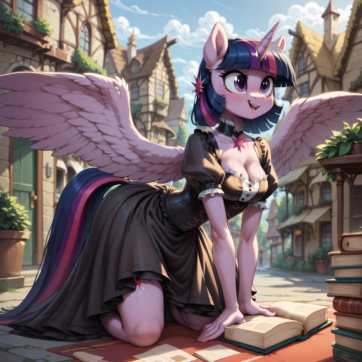 score_9, score_8_up, score_7_up, anthro pony
BREAK,
Twilight Sparkle, wide hips, Victorian corset, detailed dress, village, bending over picking up a book, big wings
BREAK,
<lora:Aer0Zer0_Artist_Style:.2>, <lora:Realistic_2.5DAnime_Merge1:1>, <lora:add-detail-xl:1>, <lora:Argento_Style_PonyXL:.2>, <lora:Furry Enhancer 6.1:1>, detailxl, <lora:Welost_Artist_Style:0.2>