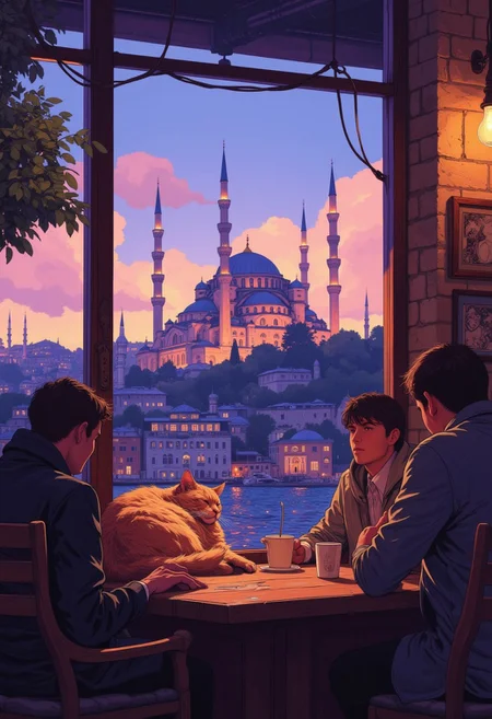 serenity of a cat curled up in a cozy coffee shop in Istanbul, undisturbed by the busy world around it. The scene is set in a warm, inviting coffee shop with soft lighting and wooden furniture. A few customers are sipping their coffee quietly, respecting the sleeping cat. Through the large window, the majestic Blue Mosque stands in the background, bathed in the soft glow of twilight, with its domes and minarets visible against the sky. DB4RZ, DB4RZ style painting, in the style of cksc, anime, cyberpunk