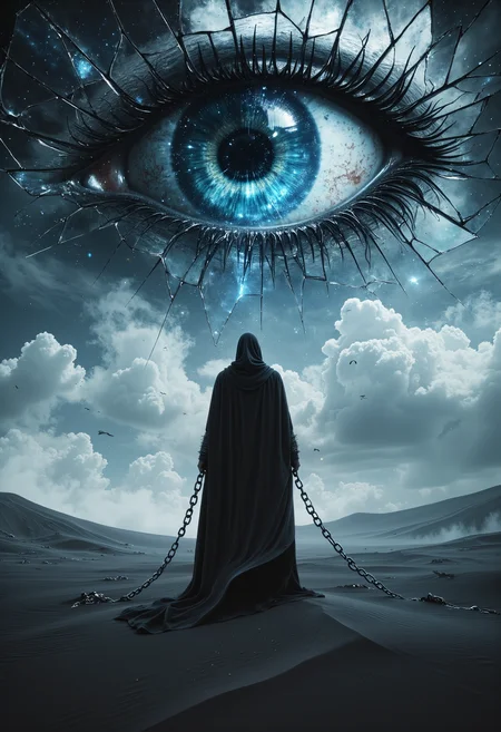 hyper realistic surreal photography of a tall figure stands alone in a vast desert of black sand under a sky filled with fractured glass shards that reflect different worlds. Their reflection, distorted and ghostly, stares back from every shard. The figure's cloak flutters in a wind that doesn't touch the sand, and their arms are wrapped in chains made of silver, which stretch endlessly into the horizon. Above, a gigantic eye embedded in the sky watches, unmoving, as the landscape shifts subtly beneath their feet, blurring the line between solid ground and a bottomless abyss. symmetric composition, low camera angle, bokeh, masterpiece, high quality, professional photography, film grain, hyper detailed, surreal,  <lora:flux_realism_lora:0.7> <lora:fluxenhancer:0.2> <lora:Aura_Flux:0.3> <lora:Dever_Flux_Enhancer:.5>
