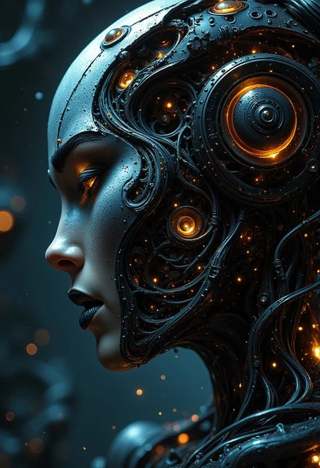 masterpiece, high detail, ArsMJStyle, dnddarkestfantasy, masterpiece, stunning oriental robot woman, made of robot joints, glowing lights and printed circuits, wires and cables, abstract, fractal art. highest definition, HD32K, wallpaper, hyperdetailed, concept art, extreme closeup, side profile