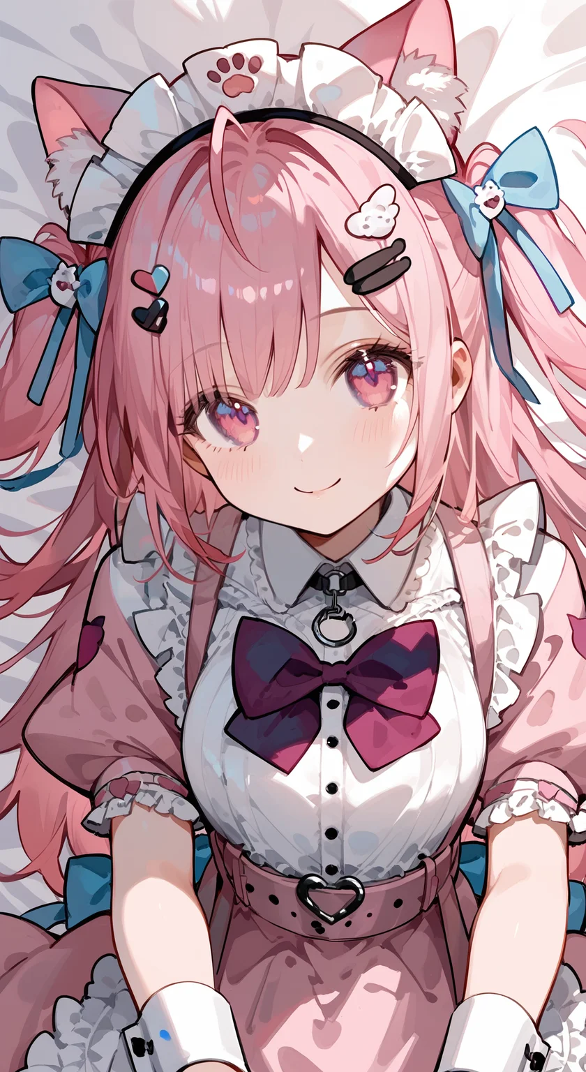 score_9, score_8_up, score_7_up, 1girl, solo, looking at viewer, smile, blush, foreshortening, <lora:yuuki_sakuna_pony:0.92>, yuuki sakuna, animal ears, pink hair, cat ears, maid headdress, long hair, hair ornament, bow, animal ear fluff, ahoge, bangs, two side up, cat hair ornament, hair bow, hairclip, blue bow, pink eyes, apron, short sleeves, dress, puffy short sleeves, frills, heart, puffy sleeves, white apron, maid, pink dress, wrist cuffs, top-down_bottom-up,