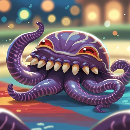 score_9, score_8_up, score_7_up, source_anime, 1boy, solo, orthros, monster, tentacle, pikaole, chibi, cute, adorable, dreamy, smile, colorful, bokeh, depth of field, blurry background,