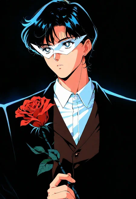 1boy, solo, tuxedo kamen, \(bishoujo senshi sailor  moon\), dark hair, looking at viewer, white mask, black top hat, holding rose, blue eyes, white collared shirt, brown vest, upper body, turned to side, look away, masterpiece, best quality, very aesthetic, 1990s \(style\)