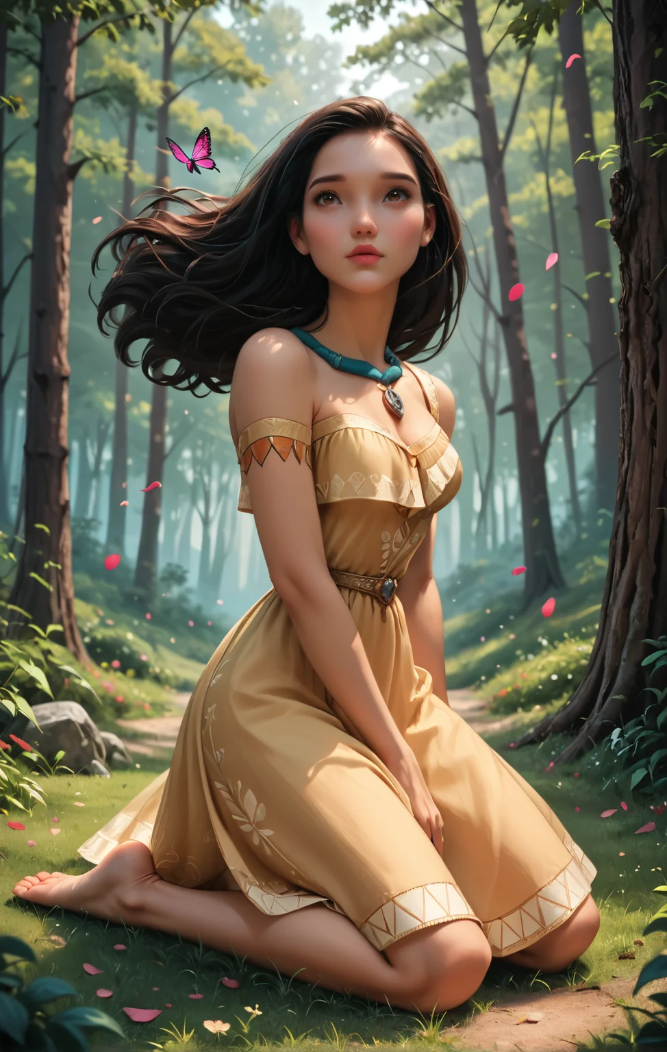 score_9, score_8_up, score_7_up, 1girl, kneeling on land, candid, black hair, brown eyes, necklace, off shoulder dress, yellow dress, left arm tattoo, red tattoo, breasts, barefoot, dark skin, dark skin female, Pocahontas, cute, windblown hair, petals floating, 4n1v3rs3, depth of field, dynamic angle, fashion photography, sharp, hyperdetailed:1.15, ancient forest, racoon, hummingbird, autumn_environment, fall_season, dusk