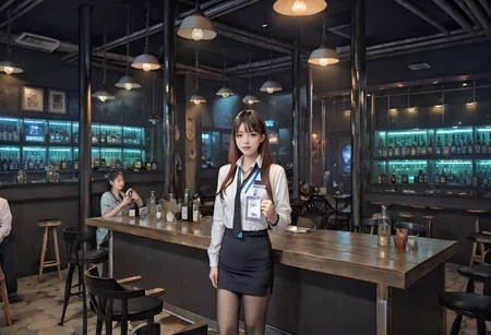 score_9,score_8_up,score_7_up,8k,,ruanyi0729,indoors,bar \(place\),crowd,,ruanyi0506,bra,pantyhose,miniskirt,id card,lanyard,black bra,black necktie,<lora:0729 late night bar_v1_pony:1>,<lora:0506 Emma OL_v1_pony:0.7>