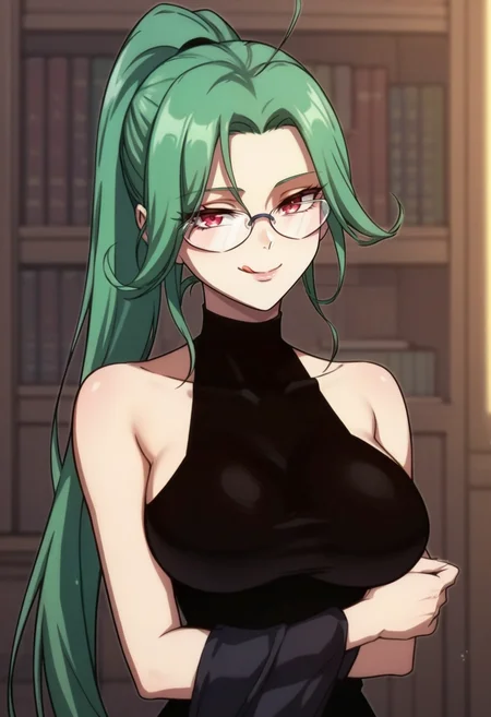 score_9, score_8_up, score_7_up, source_anime,anime screencap, anime coloring,intricate details,rating_explicit, masterpiece, best quality,
(best quality, absurd res, ultra detailed),1girl, ((solo)), good eyes,perfect eyes,,detailed eyes, zPDXLxxx , zPDXL3,detailed, detailed face, <lora:add-detail-xl:3>,
BREAK
<lora:media:0.8>, media, 1girl, glasses, red eyes, green hair, long hair, ponytail,
turtleneck dress, black dress, large breasts,
BREAK
solo, standing, 
smirk, tongue, :P,