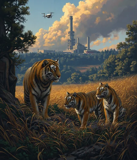Beneath the golden light of a dying sun, three tigers stand as silent sentinels of a world slipping away. Their den, once a sanctuary deep in the jungle, now lies in the shadow of a relentless industrial invasion. Smoke rises in thick, curling plumes from the factory in the distance, its skeletal towers clawing at the sky, tearing into the land that once belonged to them. The river, which once mirrored the heavens in its crystalline depths, now runs thick with chemical waste, its surface shimmering with a sickly iridescence. Overhead, an unfeeling drone hovers, its cold mechanical eye locked onto them, reducing the last great beasts of the wild to mere data.
At the forefront stands the male tiger, a magnificent creature of sheer power and untamed beauty. His broad shoulders ripple with muscle, and his thick, flowing mane—a rarity among his kind—catches the last golden light, each strand a testament to the strength of his lineage. His amber eyes burn with defiance as he lifts his gaze toward the drone, the artificial intruder dissecting his very existence with a lifeless stare. His breath is slow, steady—he does not run. He does not cower. He simply watches, daring the machine to look upon him and understand what it has come to destroy.
To his left, a tigress crouches low against the withering jungle undergrowth. Her sleek, battle-hardened body is coiled with tension, her muscles taut beneath her striking orange and black pelt. Her ears flick at the distant roar of machines, her sharp eyes flickering between the drone above and the poisoned river below. A soft growl rumbles in her throat, a sound both protective and mournful. She remembers when the air was filled with the scent of fresh rain and earth, not the acrid tang of steel and smoke.
Partially concealed within the den’s darkened entrance, the eldest tigress lingers like a specter of the past. Her once-flawless coat bears the marks of countless battles—not just against prey, but against time, hunger, and the encroachment of man. Scars lace her form, silent records of a world that no longer belongs to them. Her gaze drifts past the factory, beyond the fading jungle, to where the land once stretched unbroken and free. She does not need to see the future to know what is coming—she has already felt it in the quiet disappearance of the herds, in the strange hum of machines replacing the songs of the forest.
The composition of this piece is breathtaking, an emotional contrast of power and vulnerability. The warm, golden hues of the tigers' fur stand against the lifeless grays and metallic tones of the factory. Smoke and sunlight intertwine in the sky, a battle of nature versus progress. The river, both beautiful and tragic in its shimmering toxicity, winds like a dying vein through the heart of this fractured world. The drone, a symbol of human detachment, looms overhead—watching, recording, but never truly seeing.
This is more than a depiction of endangered creatures. This is a moment in time, a visual elegy for all that is being lost. The tigers stand together, not just as individuals, but as a fading lineage—an echo of a wildness that once roamed without boundaries. In this frozen moment, they remain majestic, untamed, unbroken. But for how much longer?
Simon Stalenhag Style, v3lkat0k
