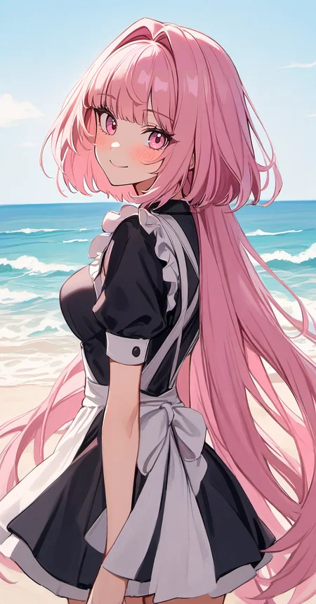 <lora:kuragecut_v1:1> ,kuragecut,1girl,solo,long_hair,very long hair,outdoors,sunny,day,beach,standing,cowboy shot, blush,smile,bangs,breasts,medium_breasts,pink_hair,,pink eyes,maid, looking at viewer,bob cut, sidelocks ,hair intakes,from_side