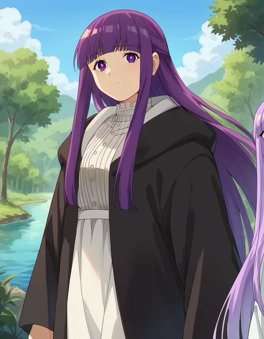 score_9, score_8_up, score_7_up, source_anime,
fern, <lora:fern-s1-ponyxl-lora-nochekaiser:1>,
fern, long hair, bangs, purple eyes, purple hair, sidelocks, blunt bangs, bright pupils, half updo,
long sleeves, dress, white dress, long dress, robe, black robe,
outdoors, nature, forest, trees, river, sun, sky, clouds,
looking at viewer, cowboy shot, dutch angle,