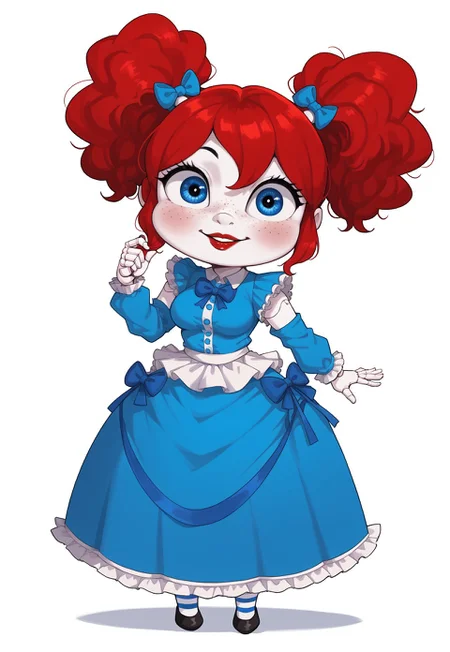safe_pos, score_9, score_8_up, score_7_up, score_6_up,  2d, source_anime, 1girl, poppy (poppy playtime), short twintails, drill hair, red hair, freckles, frills, rosy cheeks, blue ribbons holding hair, hair ornaments, petite, big head, medium breasts size, doll body, wide wips, curvy, pale skin, doll joints, red lipstick, blue eyes, blue dress, long skirt, ruffled skirt, black footwear, striped thighhighs, thighhigh, doll girl, full body, holding skirt, bow to viewer, looking at viewer, smile, white background