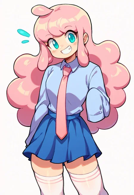 score_9, score_8_up, score_7_up, source_anime BREAK, 2d, white background, solo, female, CloudFNF, pink hair, long puffy hair, cyan eyes, light purple shirt, pink tie, overlong sleeves, dark blue skirt, white thighhighs, looking at viewer, grin, winking at viewer