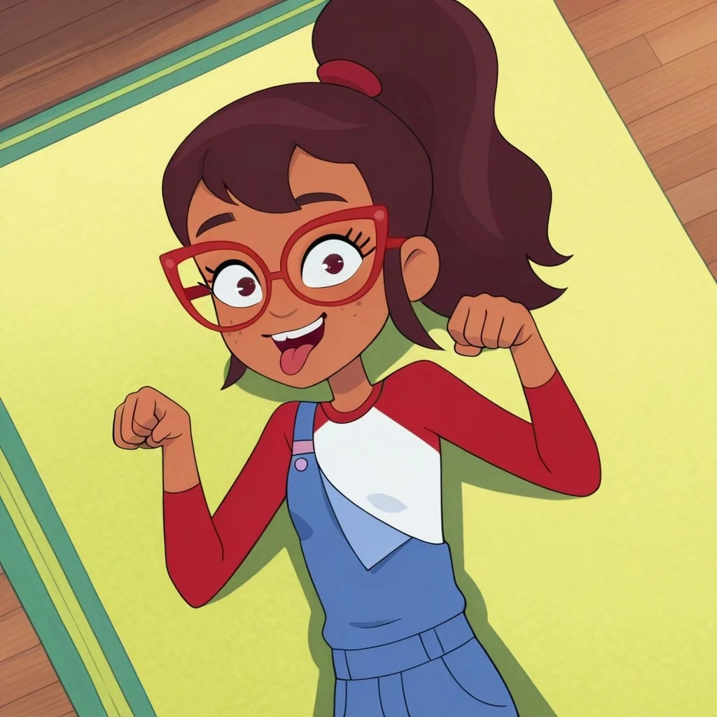Hailey banks, 1girl, brown eyes, tan skin, freckles, brown hair, small breasts, red glasses, ponytail,
on back, paw pose, smile, open mouth, tongue out, on floor,
Blue overalls, One shoulder strap, red and white shirt, long sleeves, looking at viewer