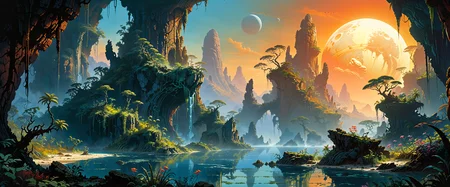 famous artwork in the style of (roger dean:1.4), scifi concept art, (dramatic scenery:1.4), highly aesthetic, towering biomorphic rock formations with surreal organic features, ethereal (floating islands seemingly defy gravity and are connected by thick vines:1.2), lush jungle vegetation, exotic bioluminescent vegetation, cascading waterfalls, a cover of (enigmatic haze wafting over the water:1.1), the sky is dominated by multiple moons, dark corners, intricate details, ultra detailed, 8k, uhd, <lora:midjourney_mimic-xl-by_andrexsel:0.2> <lora:more_artful-xl:0.2> <lora:lyco-style-envydramaticlightingxl01_digital_art-xl:0.48> <lora:envybetterhiresfixxl01-xl:0.0:hr=1.0>