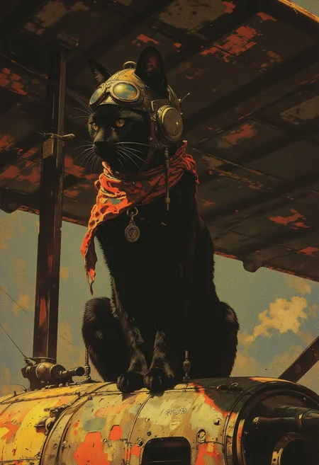 A hyper-detailed, full-body digital illustration in Cucoloris style featuring a black cat with a pilots helmet and goggles, sitting on the wing of a biplane,with realistic metallic texture. its black fur is smooth. Dressed in a world war 2 aviator outfit,A vibrant scarf tied around its neck adds an eye-catching pop of color. The pose is a realistic yet aesthetic sitting position, it body weight subtly balanced on the wing. Captured with a Canon EOS R5 using a 50mm f/1.2 lens, the shot is framed cinematically,The Cucoloris lighting effect creates intricate, dappled shadows across her figure and the metallic surface of the biplane, giving depth and dimension to the scene, inspired by urban futurism and contemporary fashion themes.drkfnts style, Frank Frazetta fantasy oil painting