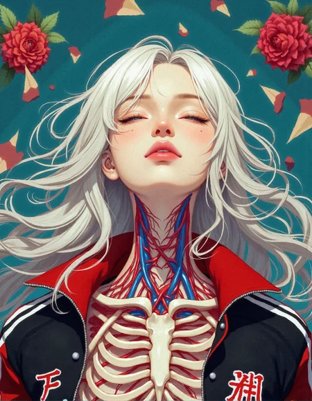 A hyper-detailed and beautifully surreal anime-style artwork of a young woman with flowing silver-white hair, her face adorned with a blissful smile as if lost in a euphoric trance. Her exposed neck and chest reveal a mesmerizing biomechanical fusion of exposed rib bones, intertwined with intricate red and blue musculature, creating a perfect balance between organic beauty and grotesque surrealism. The torn skin along her collarbone peels away like delicate porcelain, revealing intricate anatomical layers beneath, while tiny floating shards of broken skin hover around her in a weightless suspension, adding a sense of ethereal fragility. She wears an oversized, stylish varsity jacket in black and red, adorned with complex Japanese kanji patterns, its high-fashion streetwear aesthetic blending seamlessly with the haunting elegance of her exposed internal anatomy. The bold use of color contrasts the soft hues of her skin with the rich reds and blues of her inner structure, against a deep teal background that enhances the dramatic lighting and intricate details. The overall composition embodies a surreal blend of beauty and horror, rendered in an ultra-high-definition anime illustration style with breathtaking realism and fine painterly textures, making it an unforgettable fusion of futuristic elegance and visceral macabre artistry.
<lora:FluxDFaeTasticDetails:0.3> <lora:Dreamy_Korean_Style_Illustration_FLUX_LoRA:0.5> <lora:realism_lora_comfy_flux_converted:0.5>