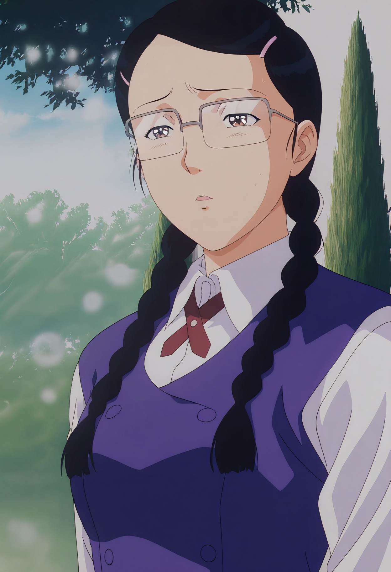 anime screencap,anime coloring,masterpiece,best quality,absurdres,amazing quality,official style,<lora:Sakura Izumi-IL V1:1>,Sakura Izumi,1girl,solo,black hair,brown eyes,
Sakura glasses,Fujikawa High School uniform,white shirt,long sleeves,twin braids,upper body,