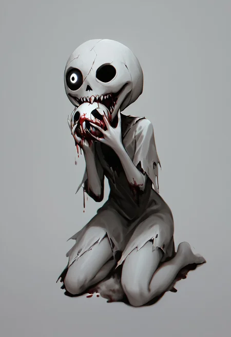 score_9, score_8_up, score_7_up, kneeling, petite body, Monochromatic, White and black, 1girl, 1bird, bird clawing girl eyes out, bird eating eyeball, Ink drawing, Exposed skull, eyeball in mouth, gory, blood, bird pecking girl eye, headless corpse, eating eyeball, hands in mouth, eating hands, legs in mouth, eating legs