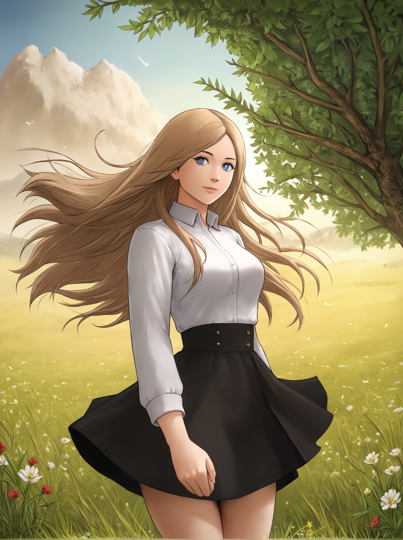 score_9, 
<lora:matoc_v1_unpruned:1>, 
1girl, 
long hair, light brown hair, brown hair, blue eyes, 
black high waist skirt, white shirt, 
looking at viewer, light smile, 
cowboy shot, 
outdoors, flowers, grass, 
hair in wind, 
high resolution, Masterpiece, detailed