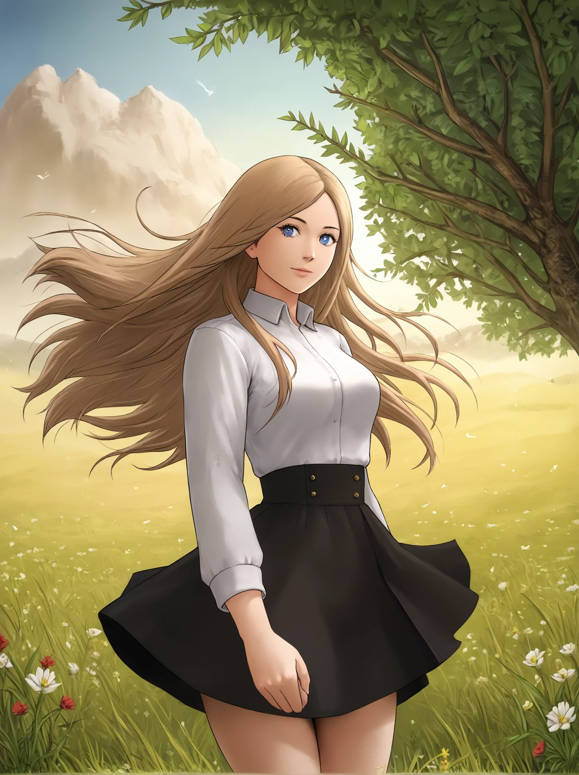 score_9, 
<lora:matoc_v1_unpruned:1>, 
1girl, 
long hair, light brown hair, brown hair, blue eyes, 
black high waist skirt, white shirt, 
looking at viewer, light smile, 
cowboy shot, 
outdoors, flowers, grass, 
hair in wind, 
high resolution, Masterpiece, detailed