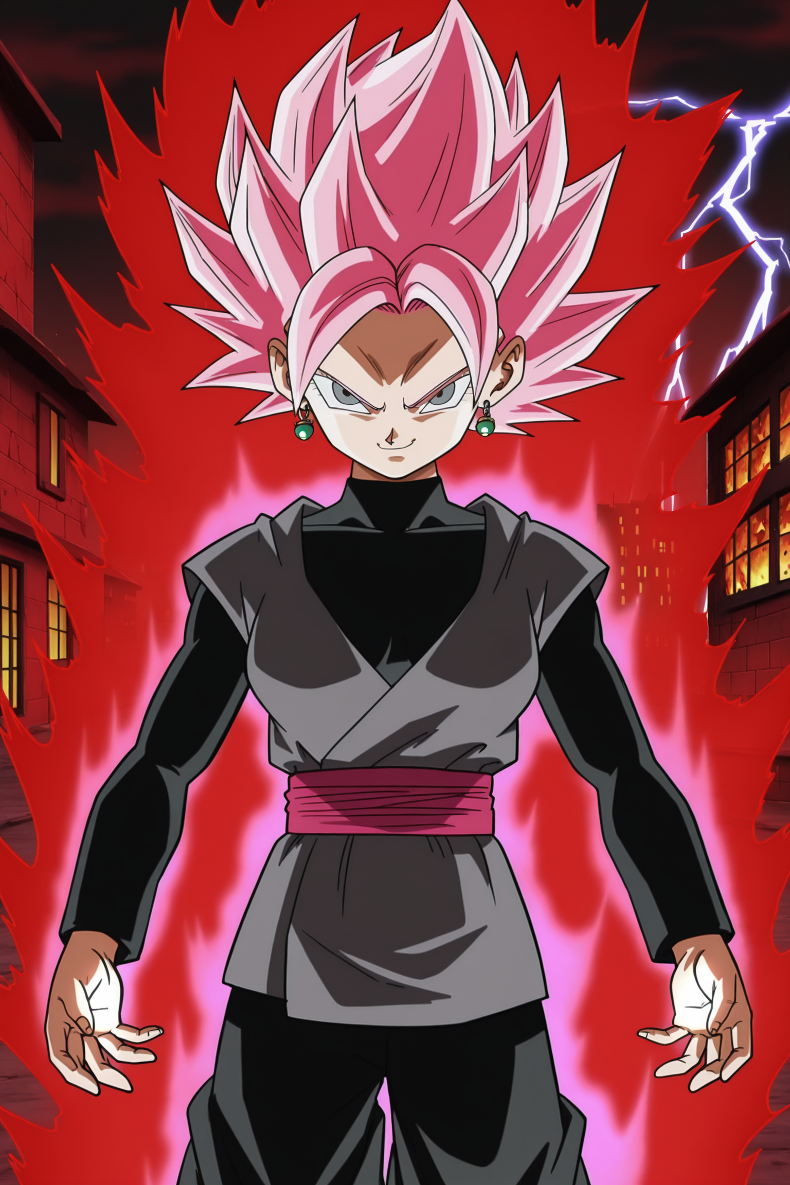 anime screencap, absurdres, high quality, 
caulifla, super saiyan rose, goku black costume, official style, 1girl, solo, looking at viewer, pink hair, closed mouth, powering up, grey eyes, red hue, ruined city, spiked hair, potara earrings, grey dougi, turtleneck, black undershirt, long sleeves, v-shaped eyes, v-shaped eyebrows, evil smile, evil grin, cowboy shot, black pants, rose aura, burning building, wind, lightning, 
 <lora:Caulifla_iL:0.8>