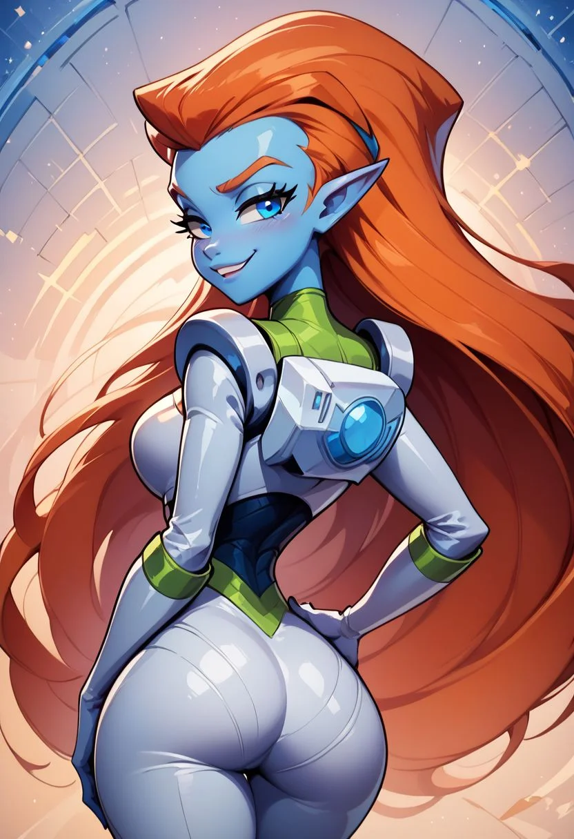 score_9, score_8_up, score_8, big breasts, (curvy), cute, eyelashes,
BREAK,
zzMira, blue eyes, blue skin, orange hair, pointy ears, white spacesuit,
cowboy shot, smile, smug, hand on hip, wide hips,
from behind, ass, smug,
BREAK,
zPDXL, Expressiveh p4st3lg0r3