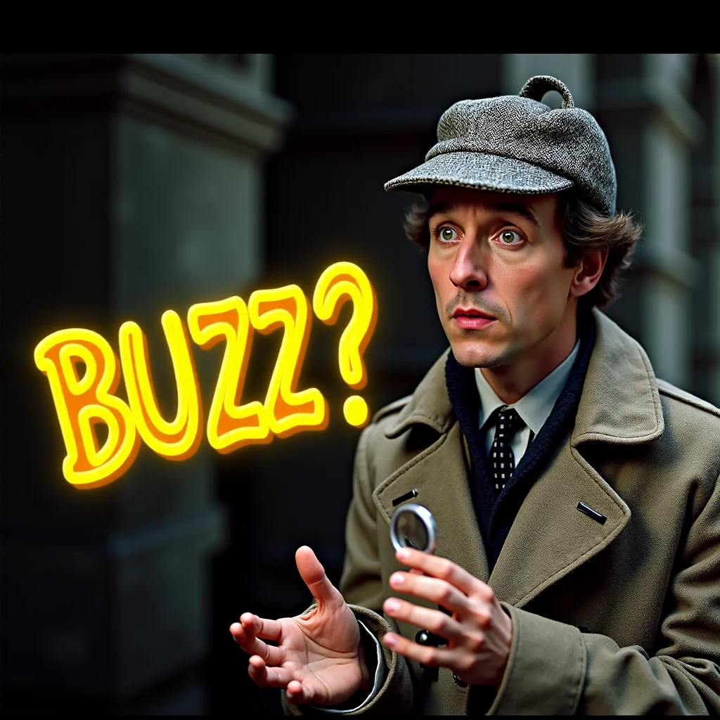 This is a VHS movie title card with a retro aesthetic, likely from the 1980s or early 1990s. The title of the movie is "BUZZ?" in stylized yellow neon cartoon text. VHS scanlines are visible along with JPEG artifacts. The background of the image features a very confused Sherlock Holmes shrugging. Sherlock is dressed in a trenchcoat and his iconic herringbone deerstalker hat, and is holding a magnifying glass. <lora:vhstitlecardf1:1>