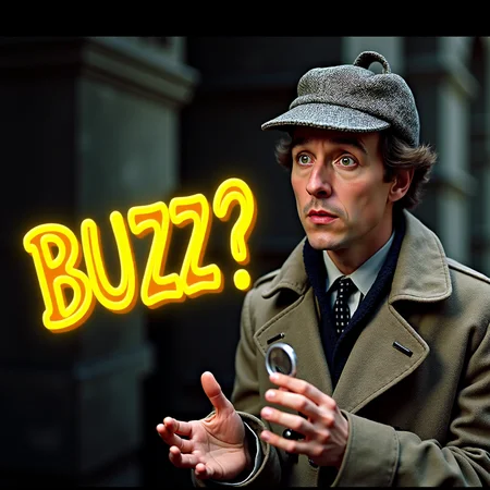 This is a VHS movie title card with a retro aesthetic, likely from the 1980s or early 1990s. The title of the movie is "BUZZ?" in stylized yellow neon cartoon text. VHS scanlines are visible along with JPEG artifacts. The background of the image features a very confused Sherlock Holmes shrugging. Sherlock is dressed in a trenchcoat and his iconic herringbone deerstalker hat, and is holding a magnifying glass. <lora:vhstitlecardf1:1>