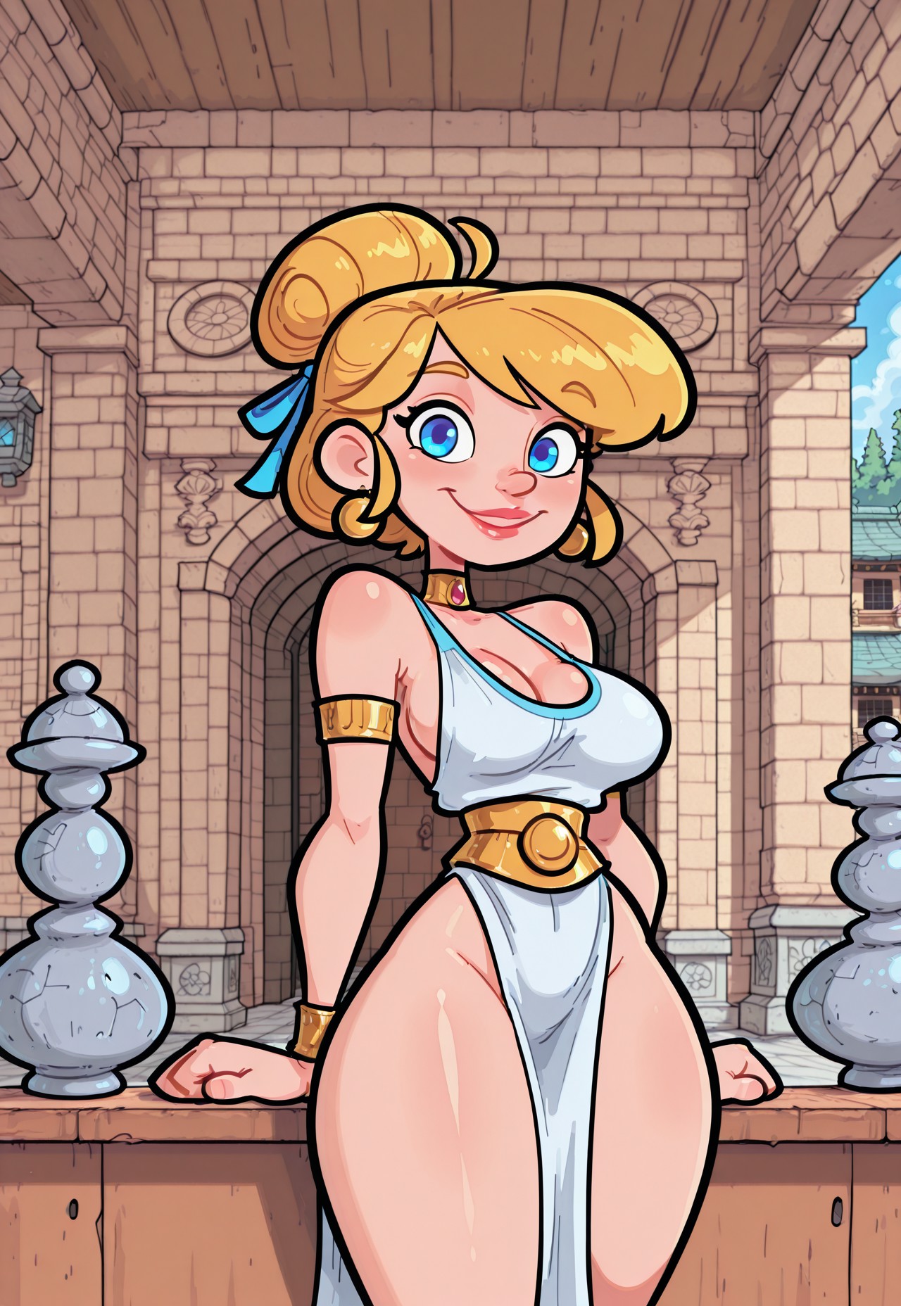 masterpiece,best quality,amazing quality,4k,high resolution,absurdres,newest,inside,fantasy shrine,european architecture,stonework,girl,single hair bun,blonde hair,swept bangs,hair ribbon,harem outfit,white breast curtain,white pelvic curtain,gold belt,jewelry,sideboob,cleavage,standing,medium breasts,from front,natural lighting,blue eyes,looking at viewer,smile,