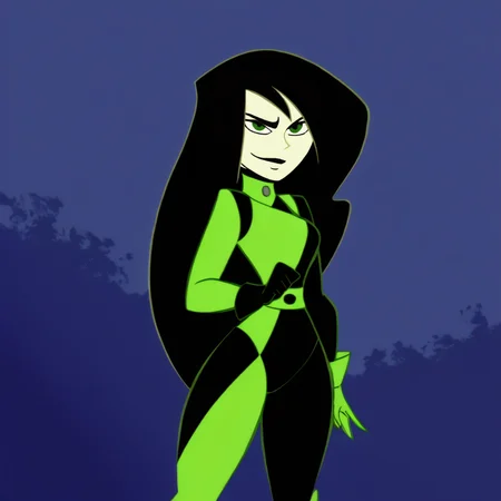 masterpiece, best quality, outdoors, night, dark, looking at viewer, closed mouth, 1girl, solo, shmeikgo, black hair, long hair, green eyes, gloves, bodysuit, lipstick, smug, smile, looking at viewer, kmstyle, <lora:Kim_Possible_Style_6c_Illustrious_aon:1>